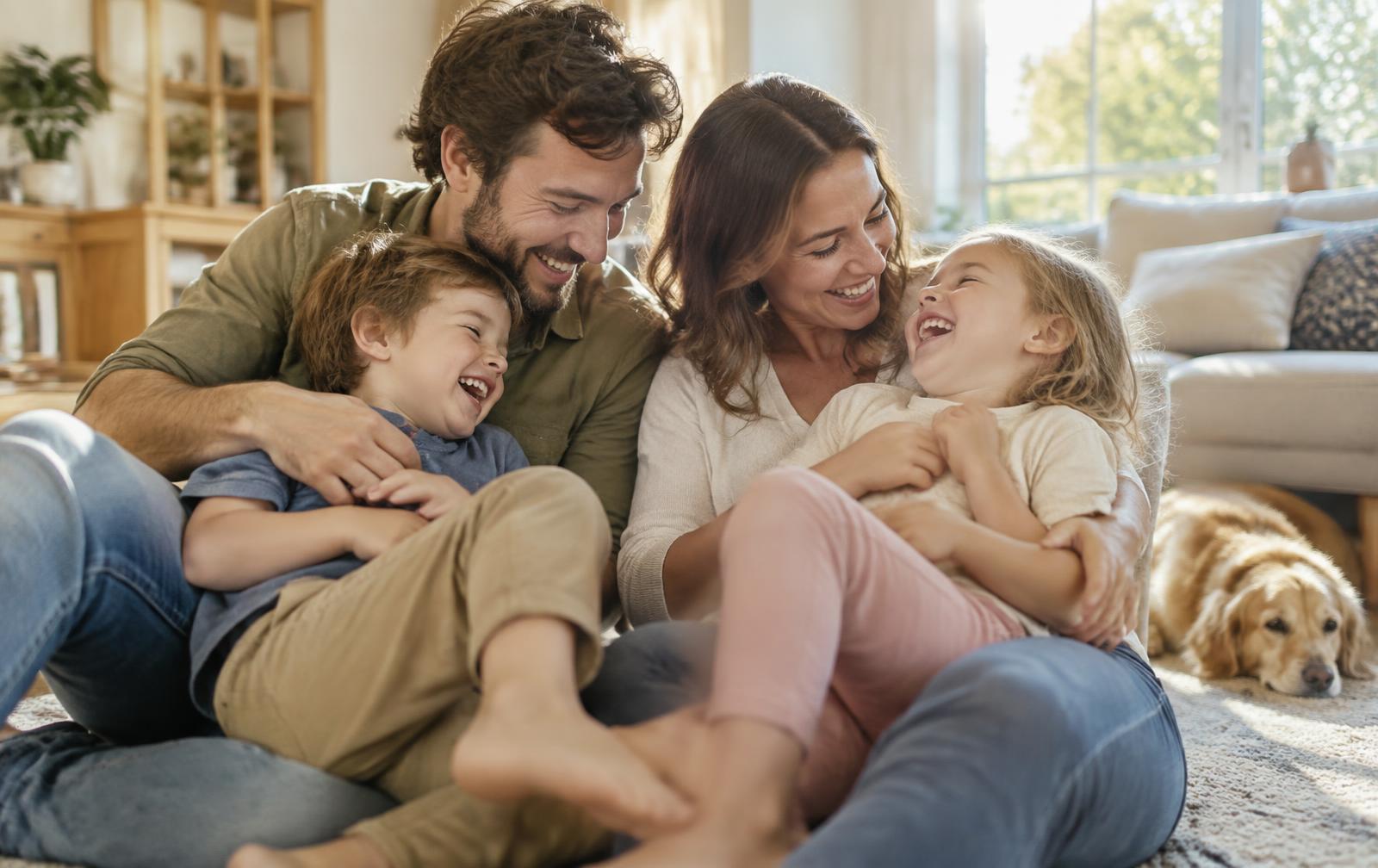 Parents laughing on the living room floor with their two children