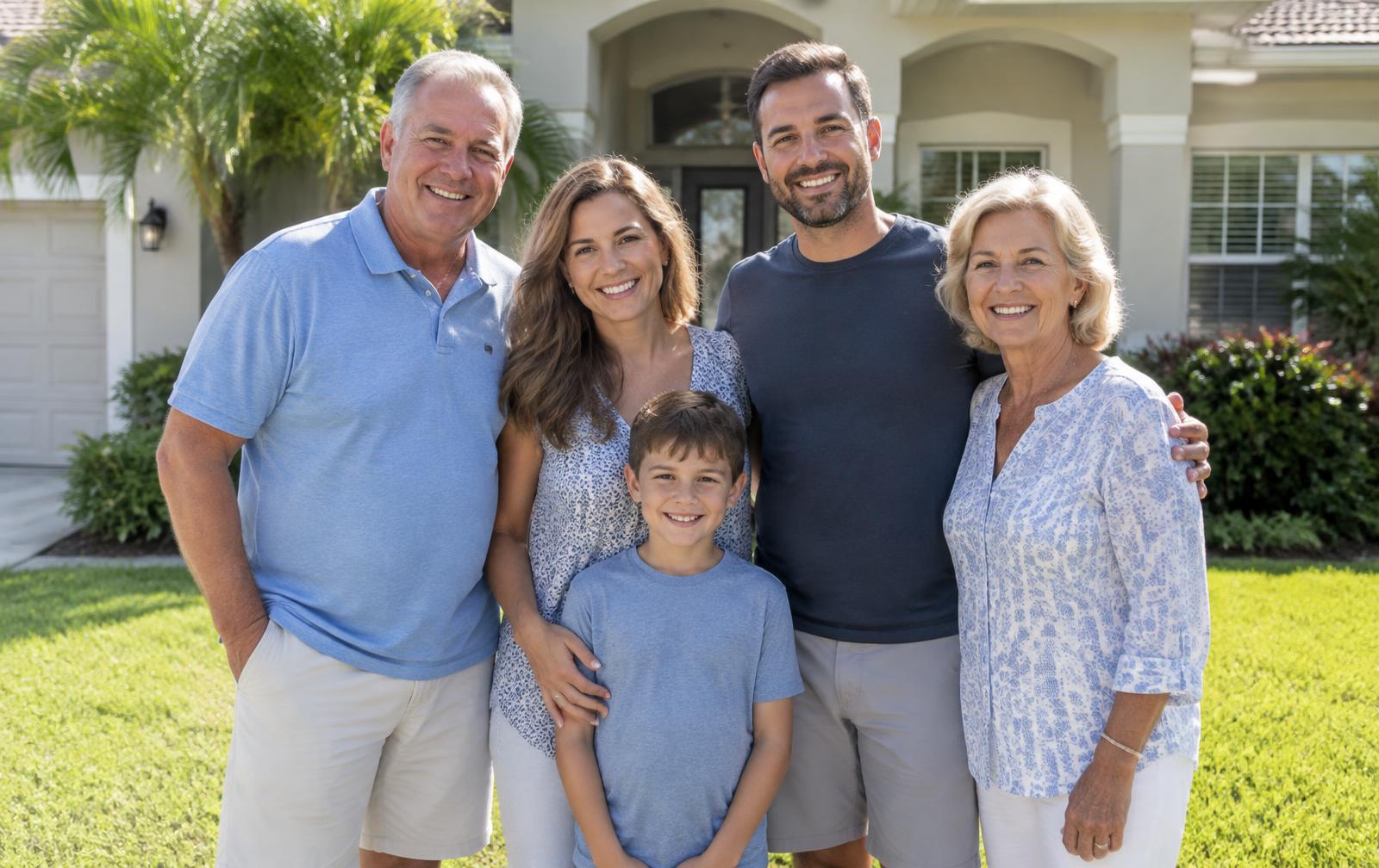 A multi-generational family standing together in front of their Florida home