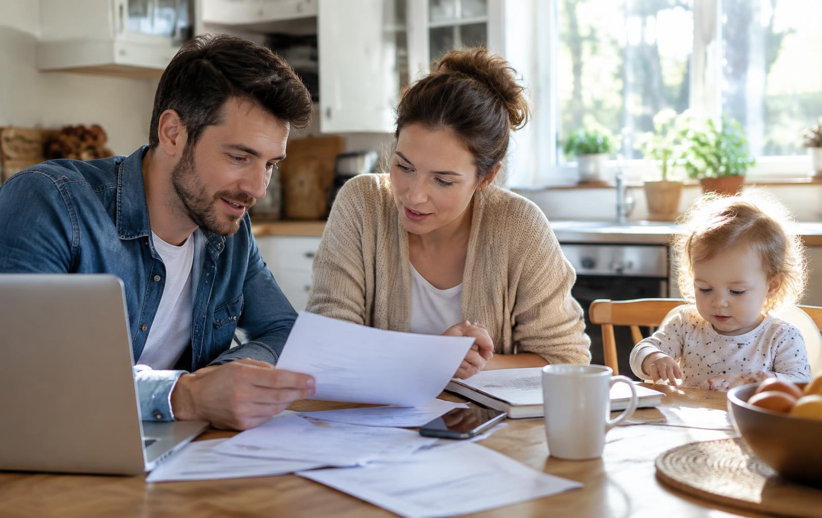 A couple reviewing insurance paperwork at their kitchen table with their toddler