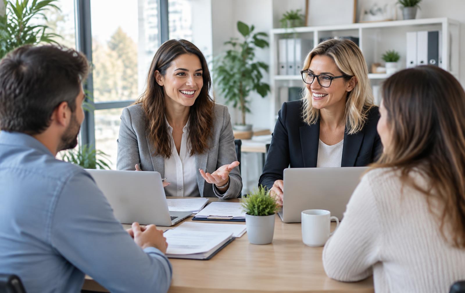 Two licensed agents reviewing plan options with a couple at a sunlit office table